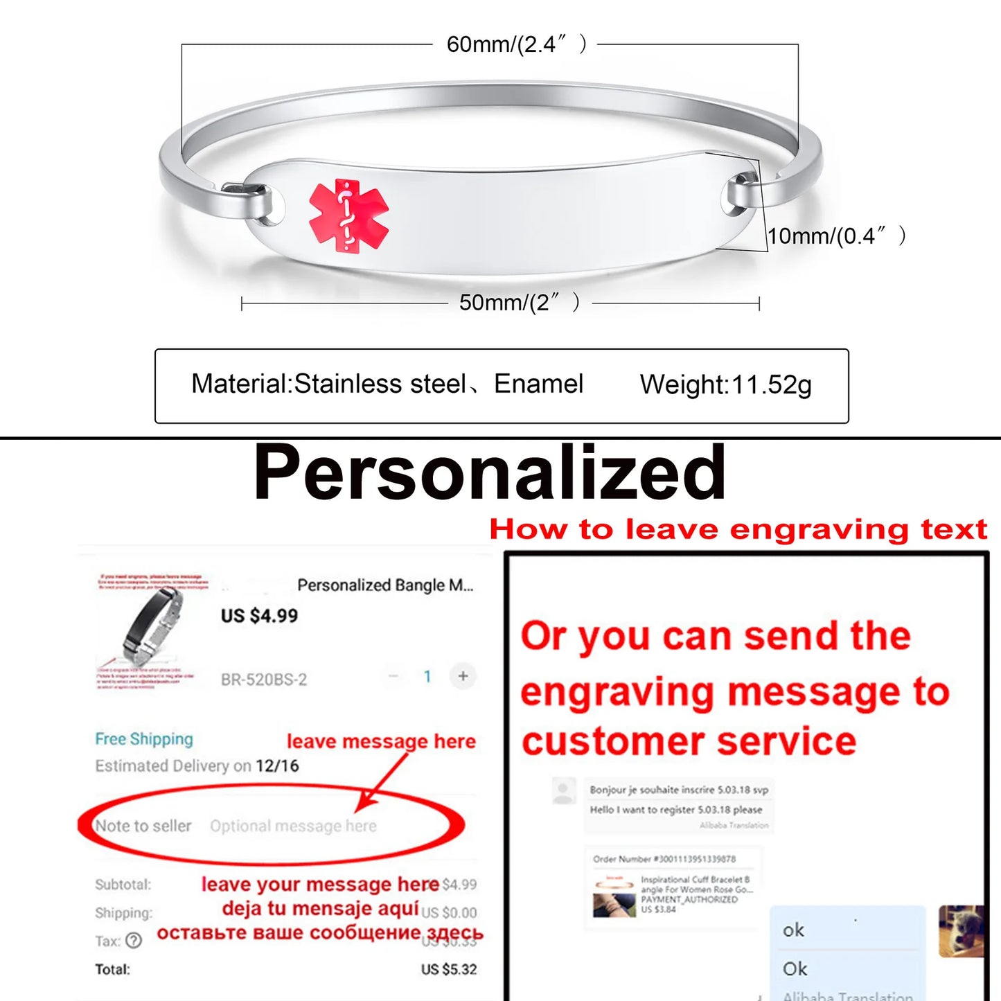 Free Personalized Medical Alert ID Bangle Bracelet for Women, Customzied Engraved Emergency Bracelet Diabetes Epilepsy