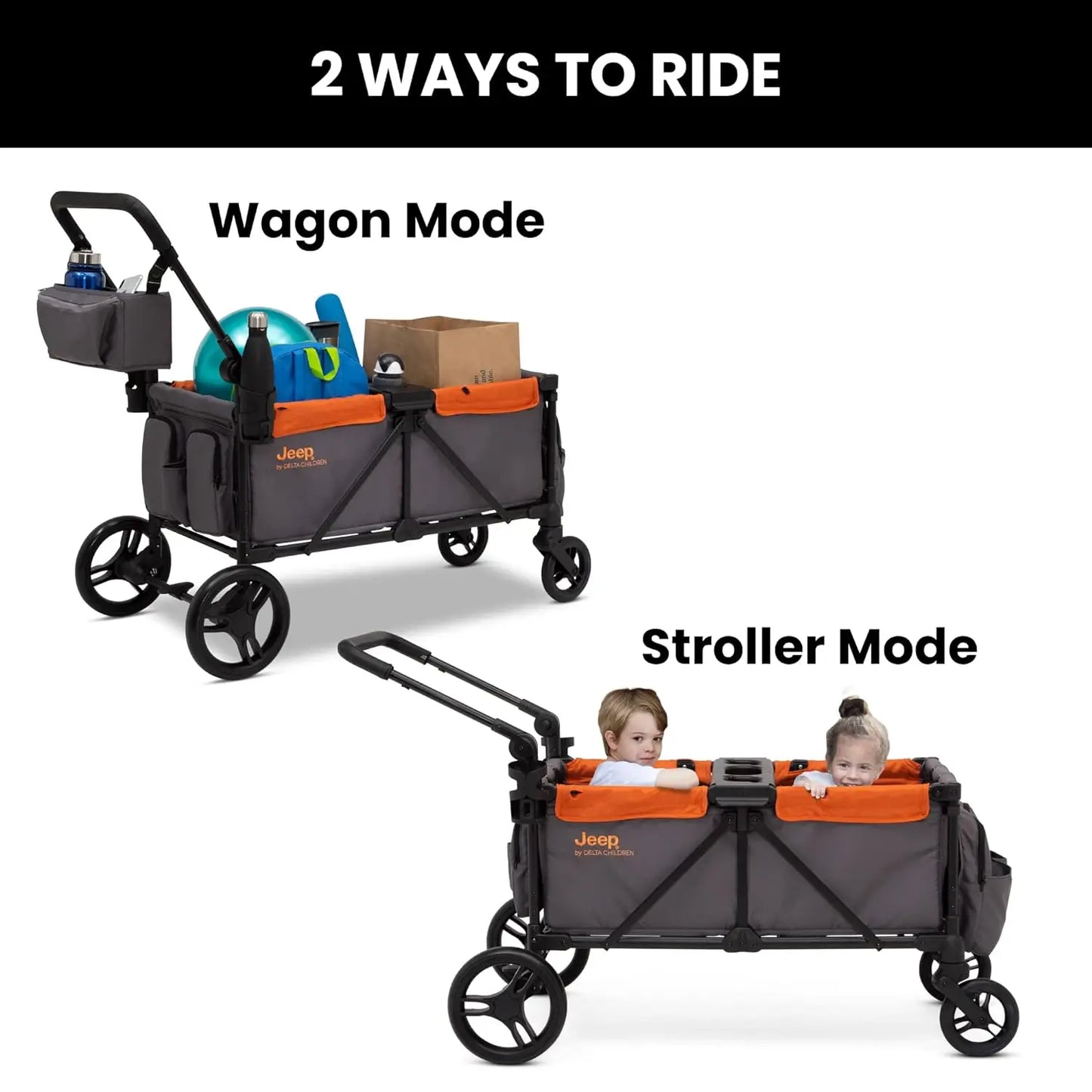 Jeep Sport All-Terrain Stroller Wagon by Delta Children Includes Canopy, Parent Organizer, Adjustable Handlebar Snack Tray Grey