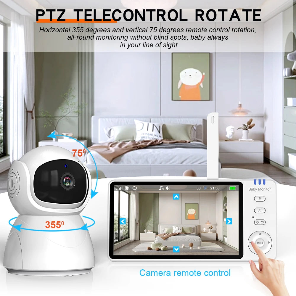5''IPS Screen Pan-Tilt-Zoom Camera Video Baby Monitor 3500mAh Battery Two-Way Talk Night Vision Lullabies Babysitter Monitor