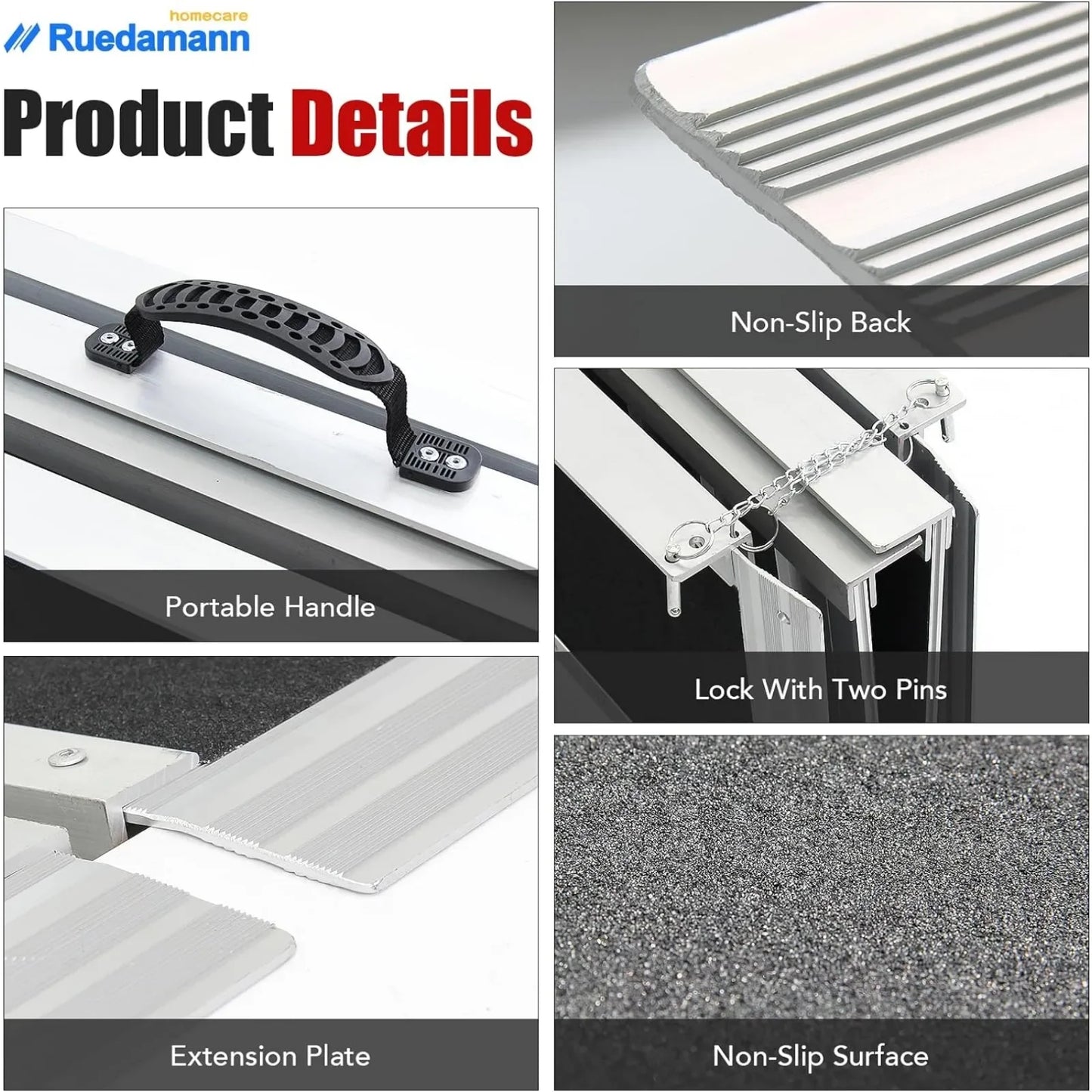 US 6'L × 29" W Wheelchair Ramp, 600Lbs Capacity, Non-Slip Threshold Ramp, Portable Aluminum Folding
