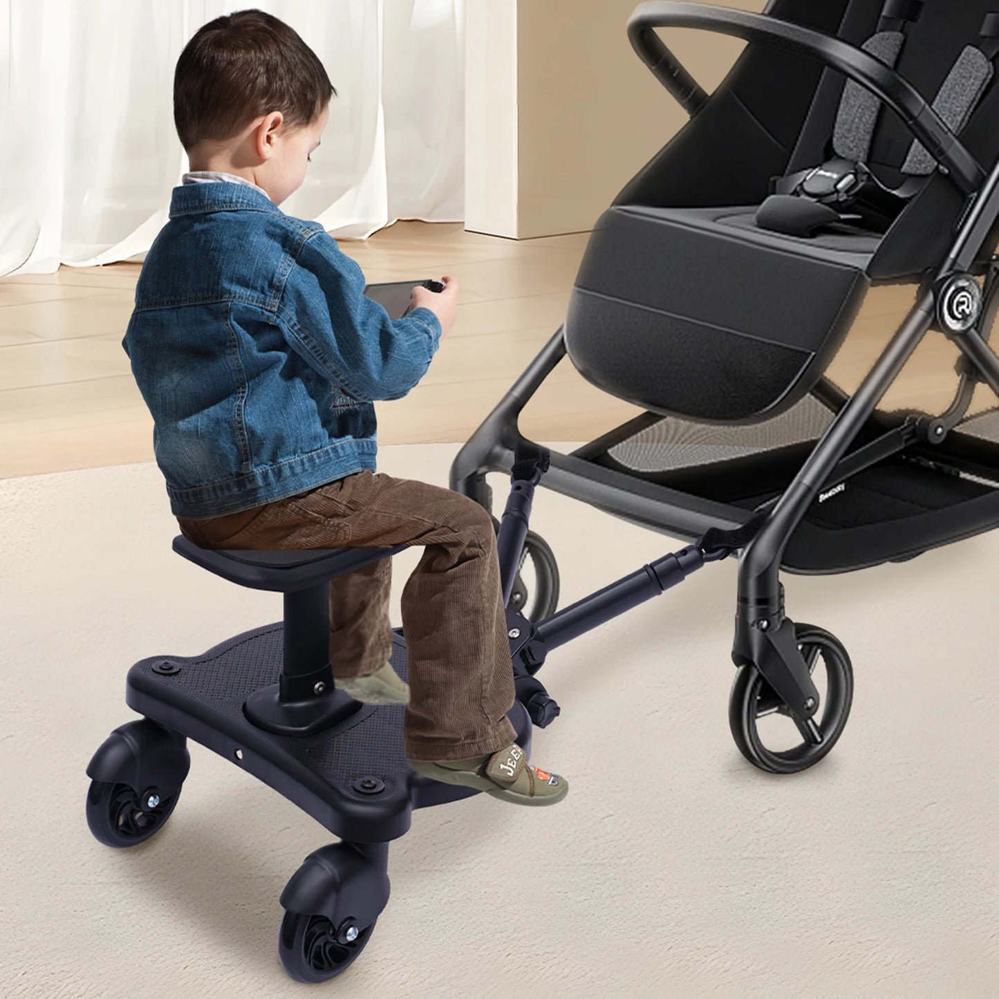 Universal 2 in 1 Stroller Glider Board for Stroller or Pushchair with Detachable Seat & Step Board