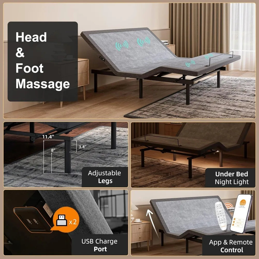 Twin XL Adjustable Bed Frame with Massage, USB, Under Bed Night Light, 14" Hybrid Mattress, Memory Foam, Upholstered Bed Frame