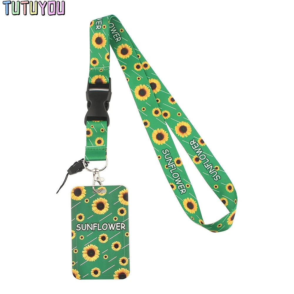 1pc PC2555 Green Sunflower Hidden Disability Lanyard Card ID Holder Business Card Car KeyChain Key Ring Holder Jewelry Gifts