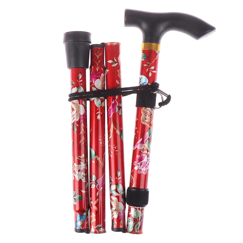 Adjustable 84-93cm Folding Walking Stick Sturdy Printed Travel Five-section Patterned Non Slip Crutch Cane Outdoor Sport Hiking