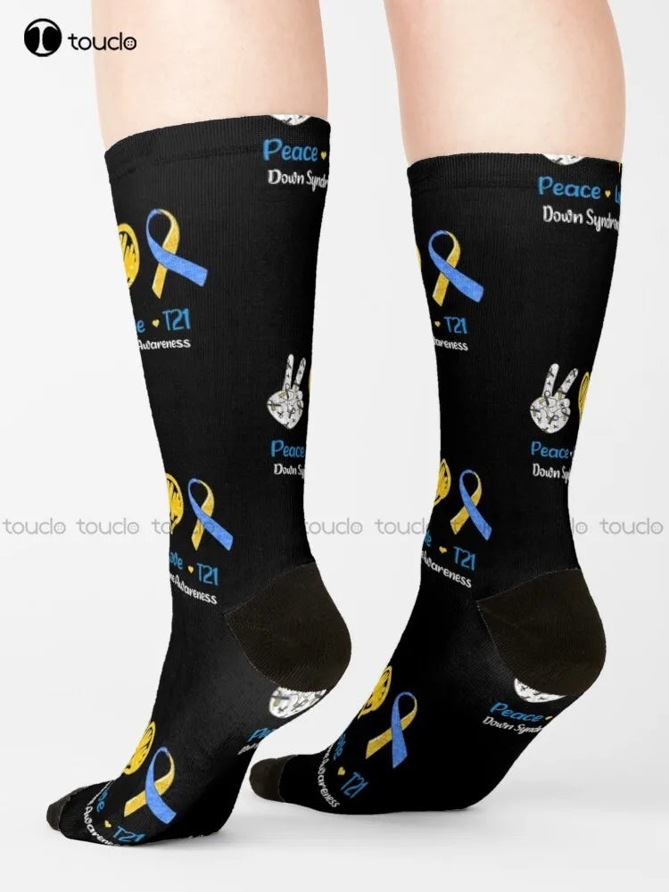 Down Syndrome Awareness • Peace Love T21 Awareness • Down Syndrome Ribbon Socks Cotton Socks For Men Personalized Custom