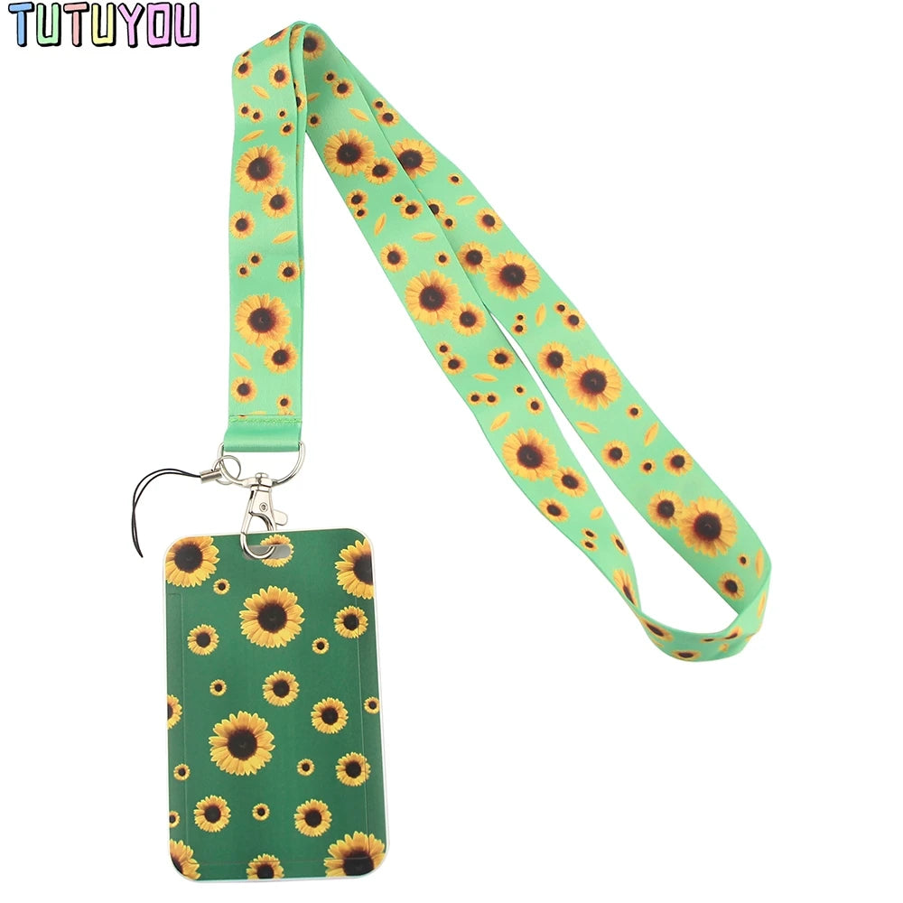 1pc PC2555 Green Sunflower Hidden Disability Lanyard Card ID Holder Business Card Car KeyChain Key Ring Holder Jewelry Gifts