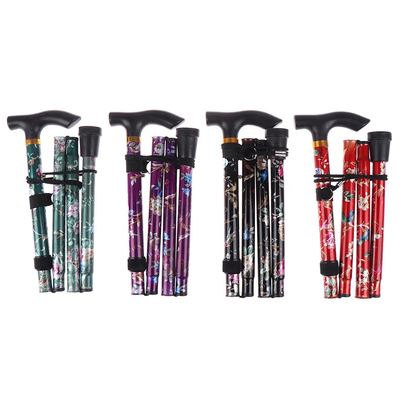 Adjustable 84-93cm Folding Walking Stick Sturdy Printed Travel Five-section Patterned Non Slip Crutch Cane Outdoor Sport Hiking