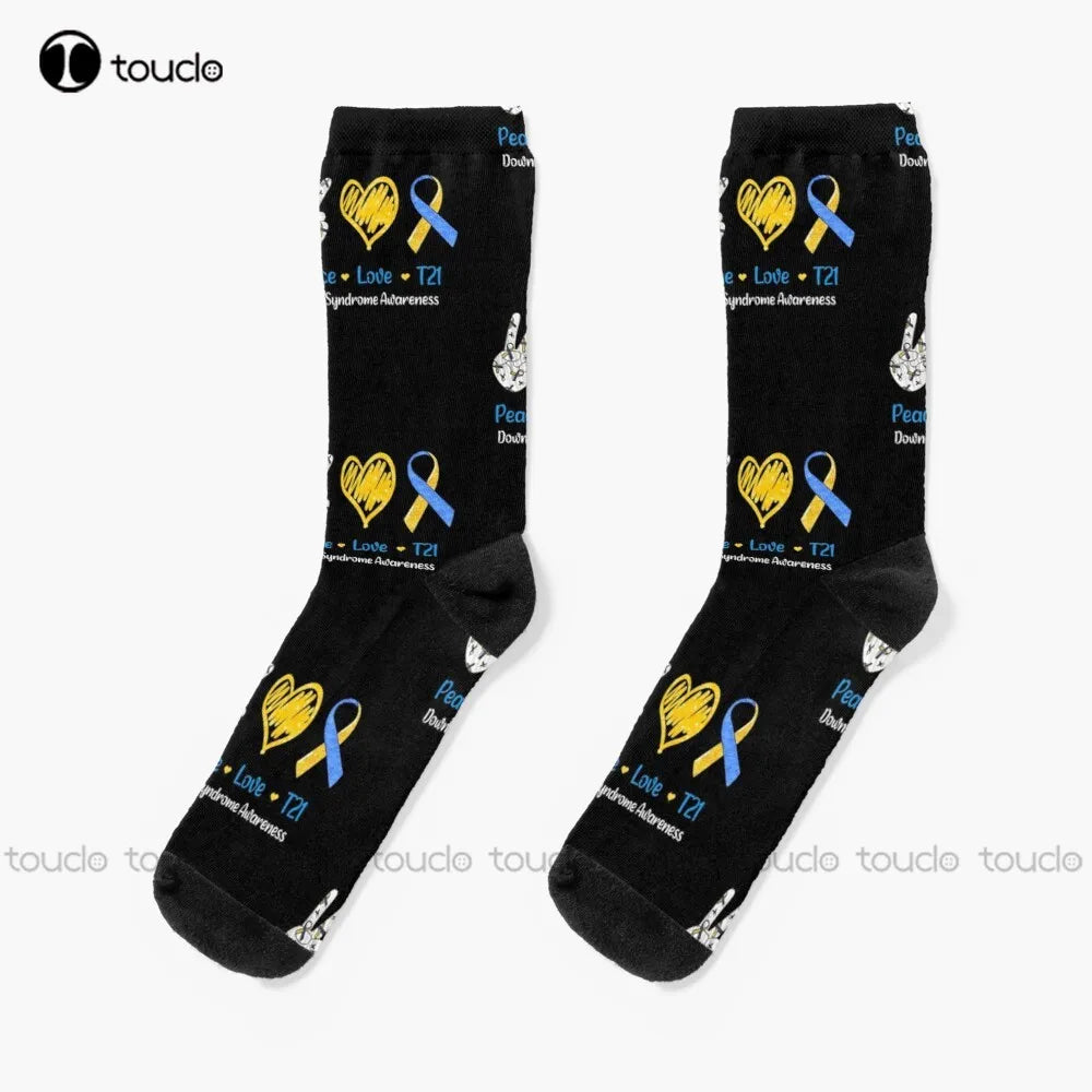 Down Syndrome Awareness • Peace Love T21 Awareness • Down Syndrome Ribbon Socks Cotton Socks For Men Personalized Custom