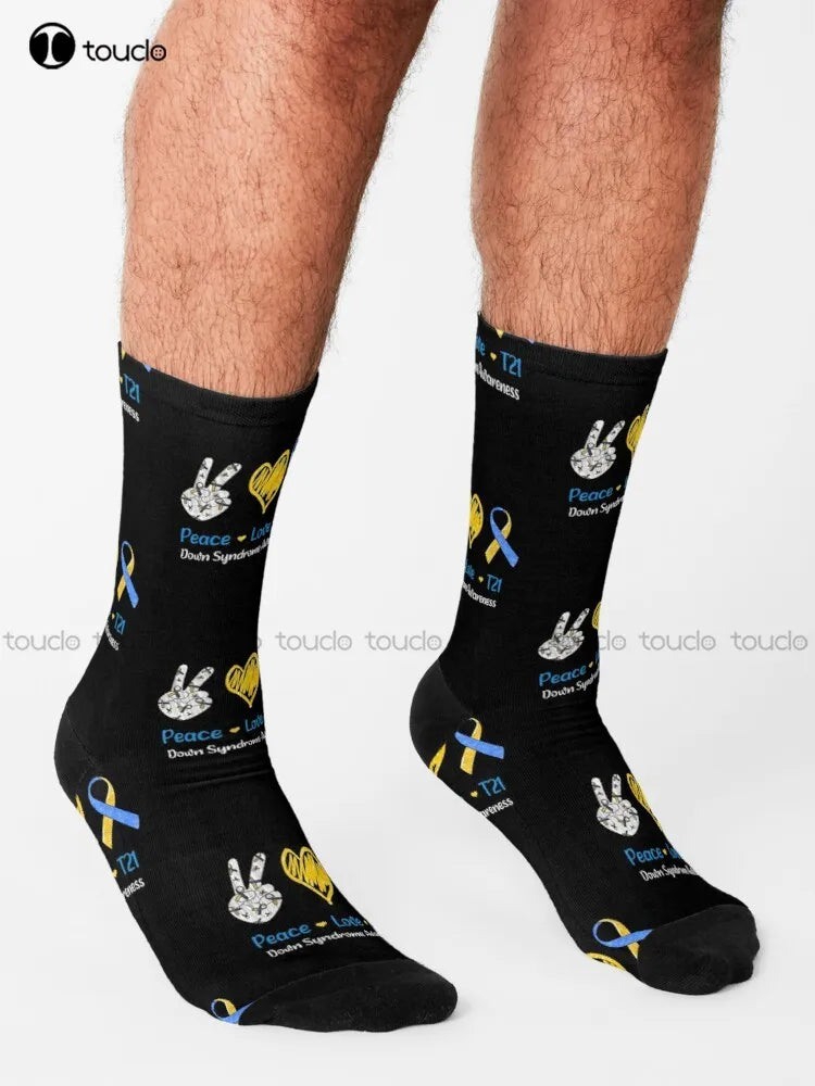 Down Syndrome Awareness • Peace Love T21 Awareness • Down Syndrome Ribbon Socks Cotton Socks For Men Personalized Custom