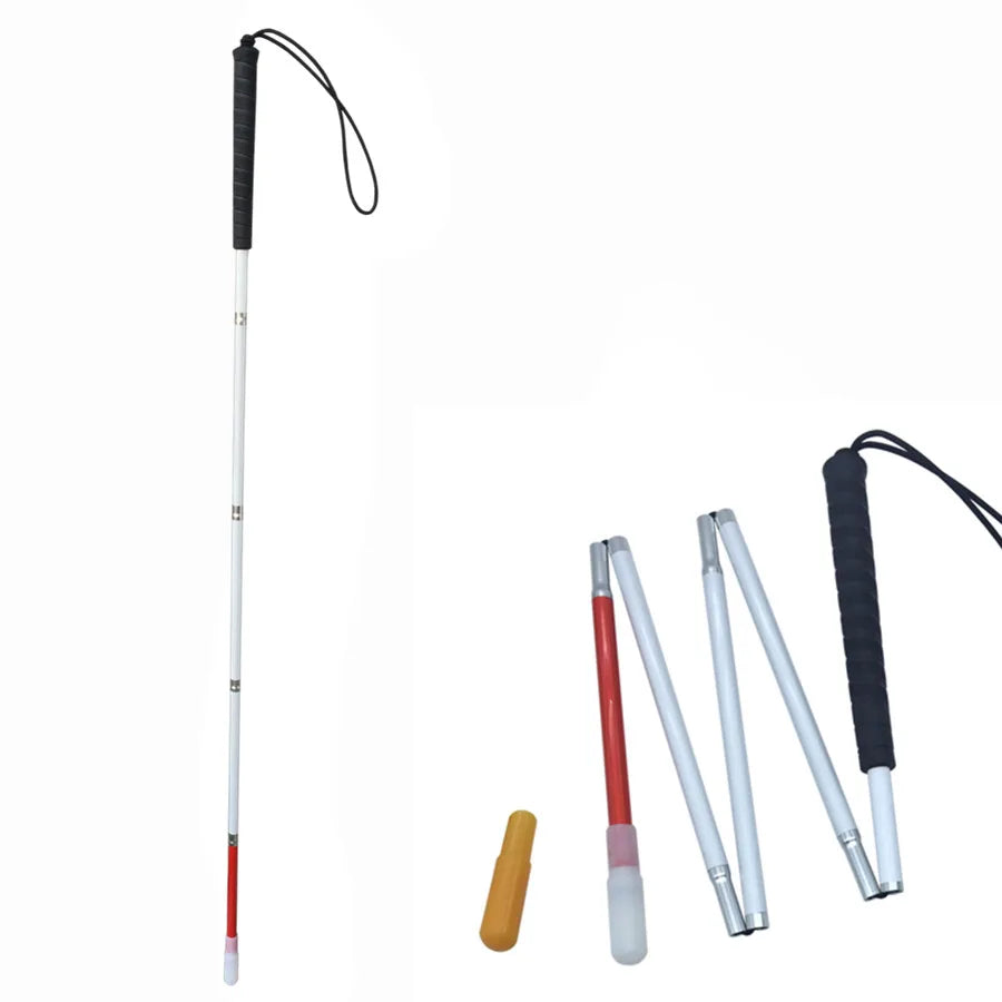 105-155cm Visually Impaired White Cane, Aluminum Folding Blind Walking Stick, Blind Cane, Reflective Red & White, Black Handle