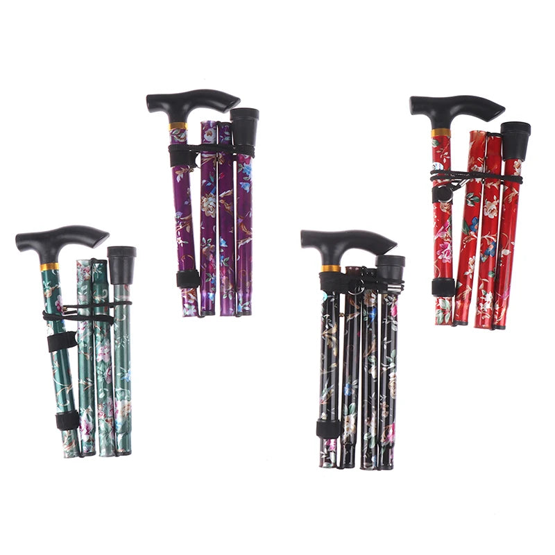 Adjustable 84-93cm Folding Walking Stick Sturdy Printed Travel Five-section Patterned Non Slip Crutch Cane Outdoor Sport Hiking