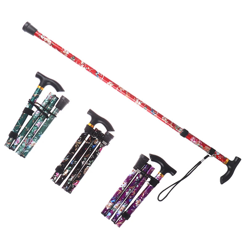 Adjustable 84-93cm Folding Walking Stick Sturdy Printed Travel Five-section Patterned Non Slip Crutch Cane Outdoor Sport Hiking