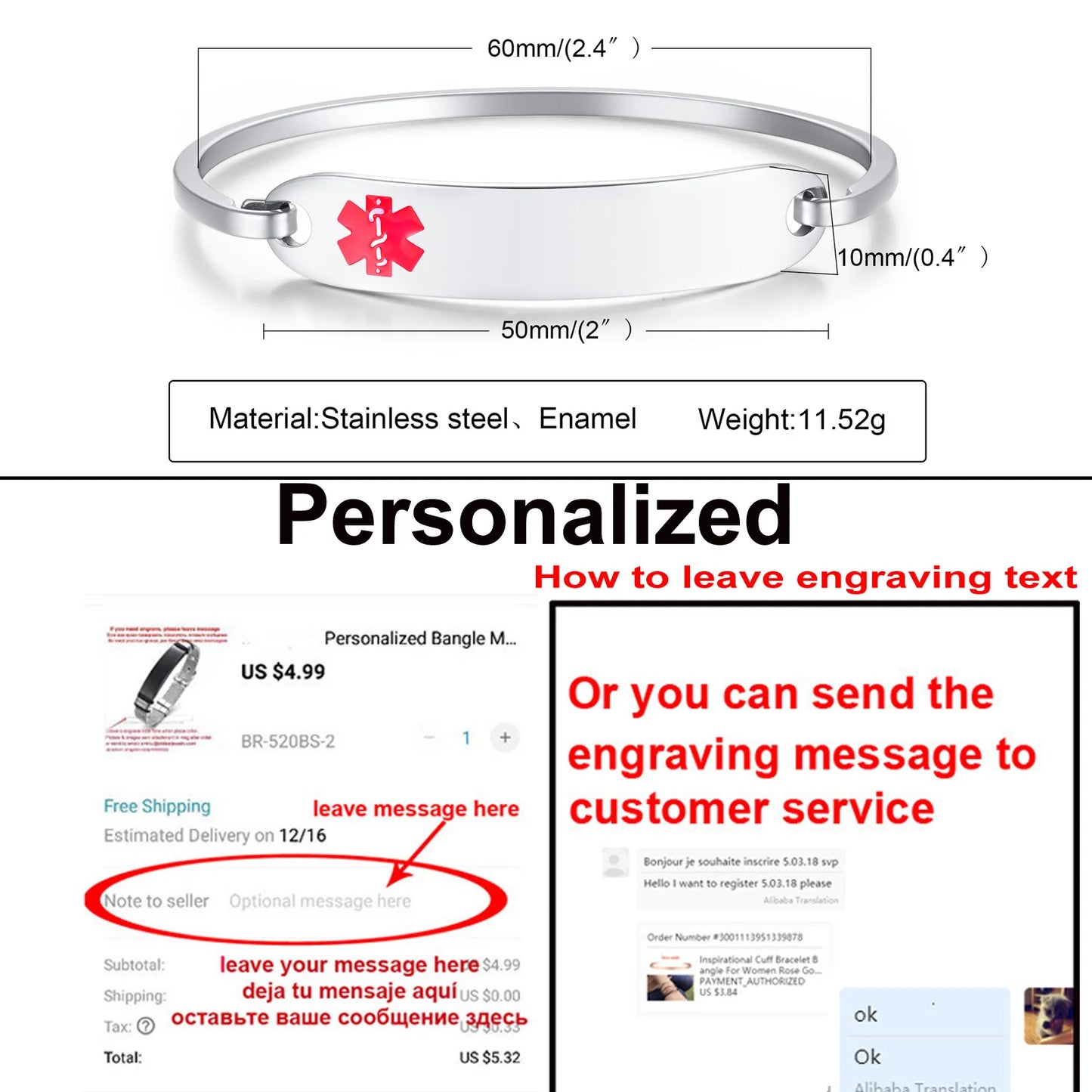 Free Personalized Medical Alert ID Bangle Bracelet for Women, Customzied Engraved Emergency Bracelet Diabetes Epilepsy