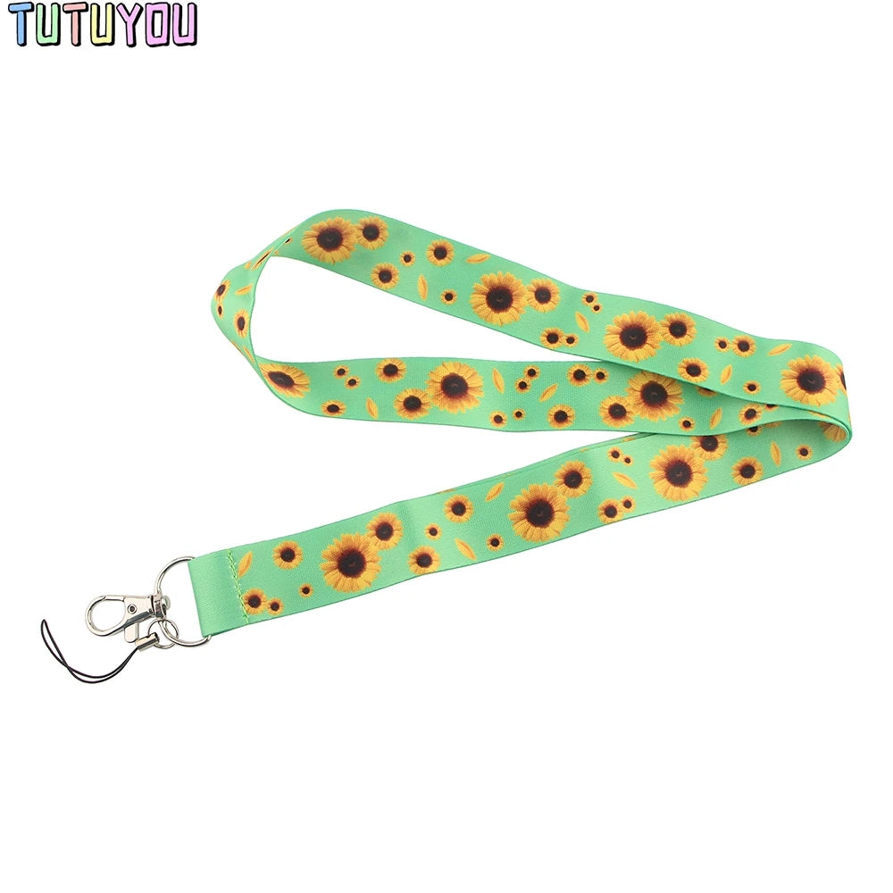 1pc PC2555 Green Sunflower Hidden Disability Lanyard Card ID Holder Business Card Car KeyChain Key Ring Holder Jewelry Gifts