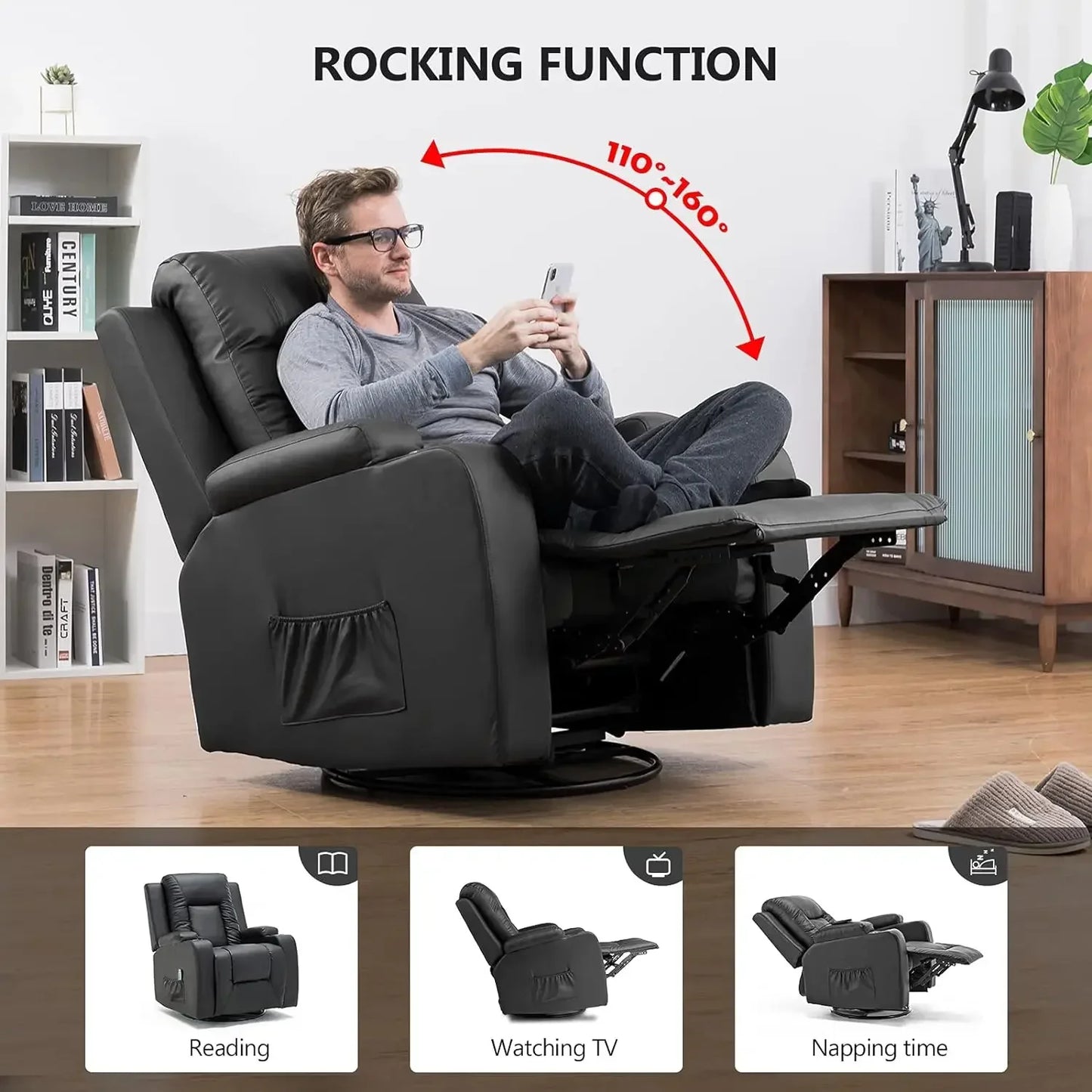 Power Lift Recliner Chair with Massage and Heat for Elderly, Leather Adjustable Reclining Sofa with Remote Control,Black