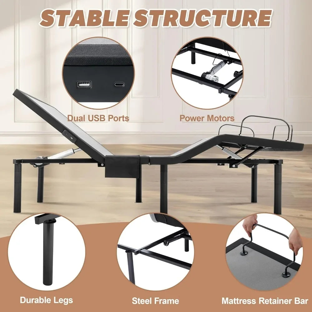 Adjustable Bed Frame, Base with 4 Height Adjustable Leg, with Massage, Electric Beds with Wireless Remote, Lifting Bed Frame