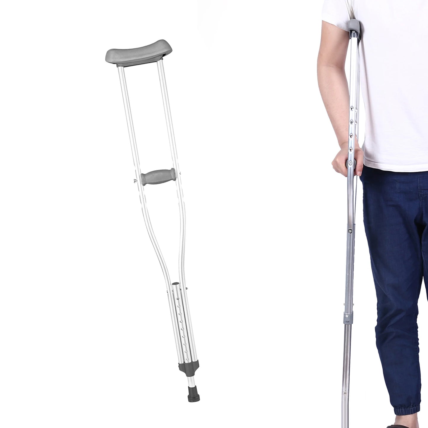 Underarm Crutch Lightweight Portable Nonslip Aluminum Walking Aid Adjustable Height for Men Women Adult Elderly Disabled People