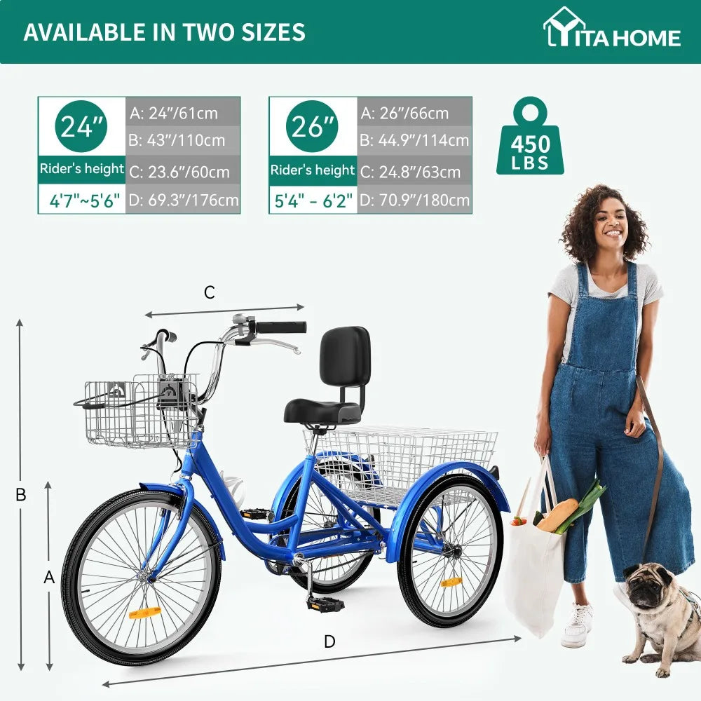 2024 New Adult Tricycle, 24 & 26 Inch 3 Wheel Bikes, 1 Speed Trike Bike for Adults with Removable Baskets, Cruiser Bike