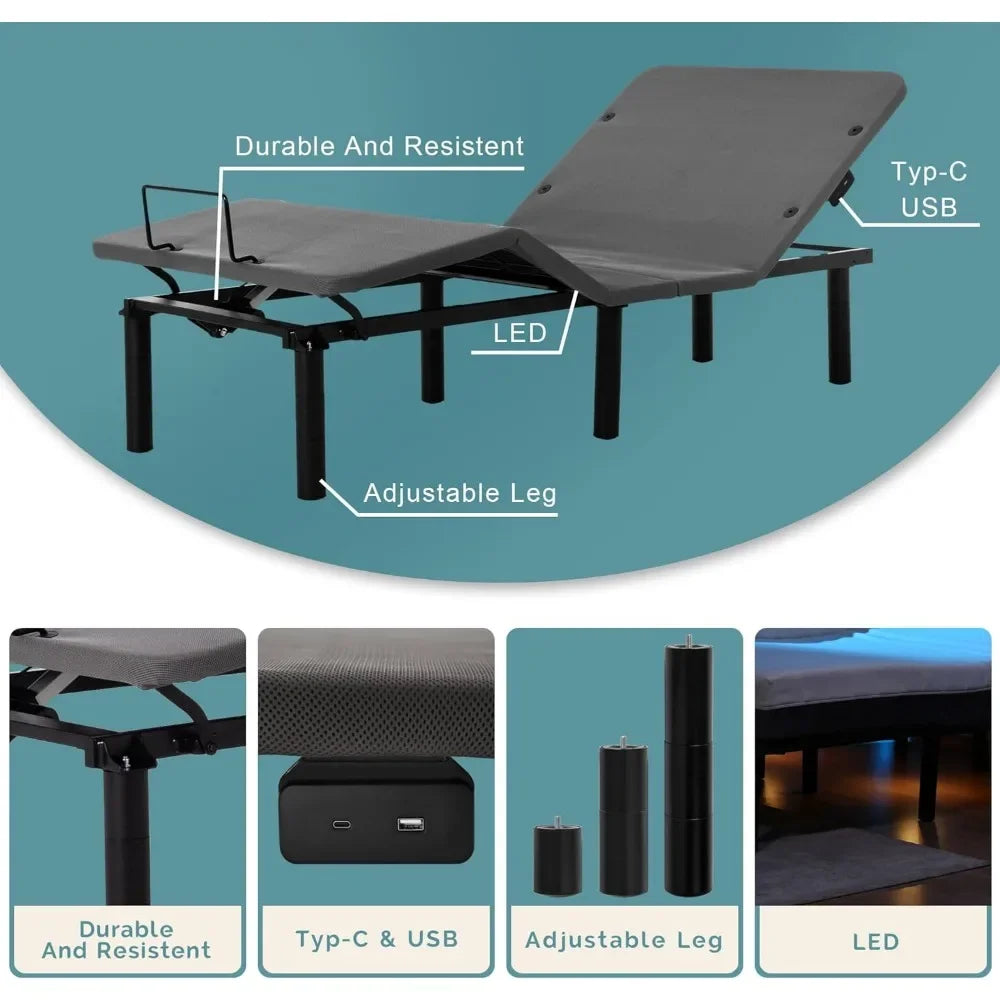 Lifting Bed Frame, Zero Gravity USB +C Charging Head and Foot Incline, Under Bed Lighting, Adjustable Split King Beds Frame