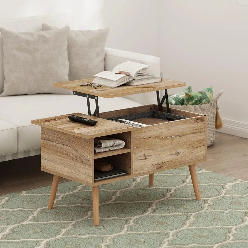 Jensen Wooden Leg Lift Top Coffee Table with Hidden Compartment and Side Open Storage Shelf for Living Room, Solid White