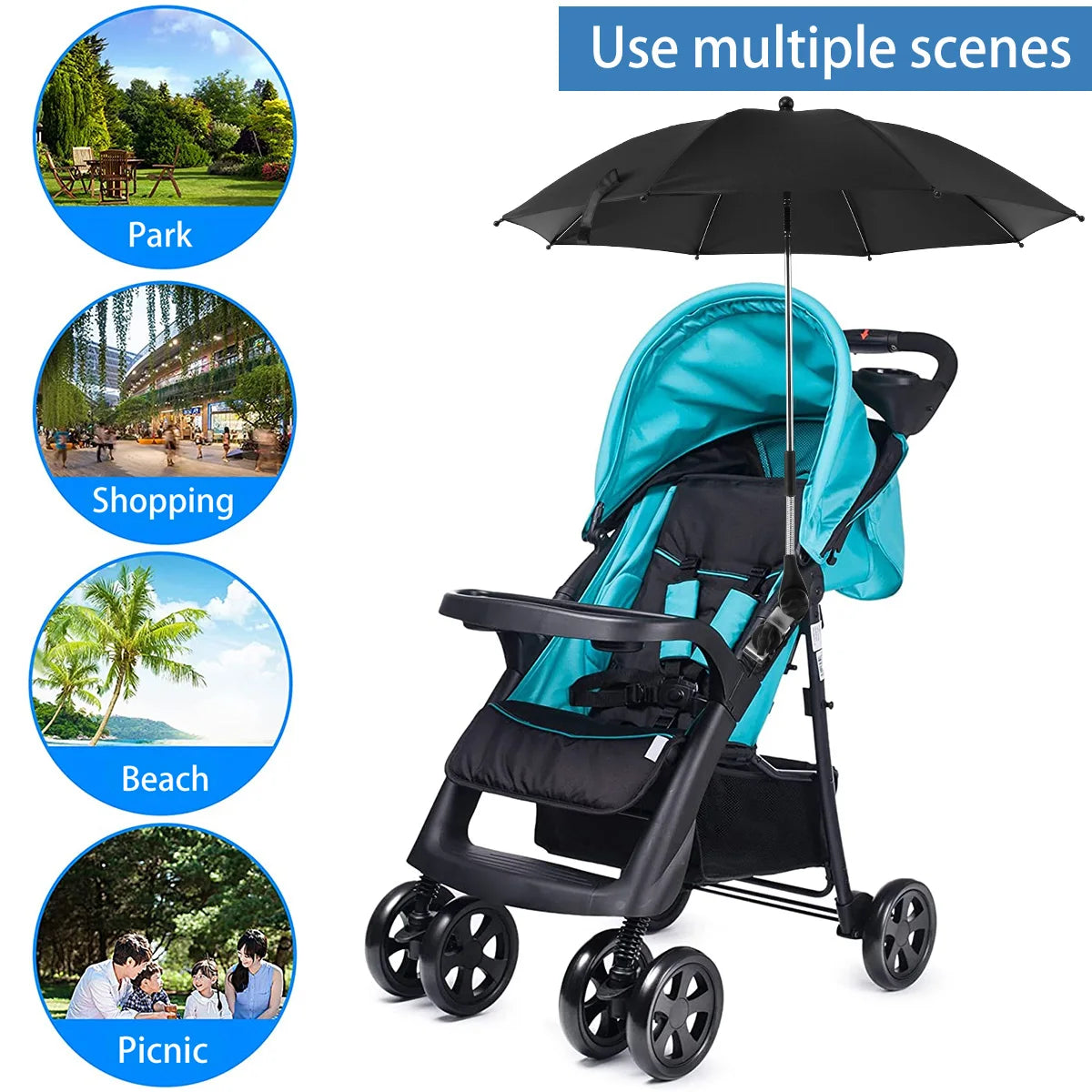 Universal Baby Stroller Umbrella 360° UV Protection Pram Umbrella Adjustable Waterproof Baby Carriages Parasol for Bike Wheelcha