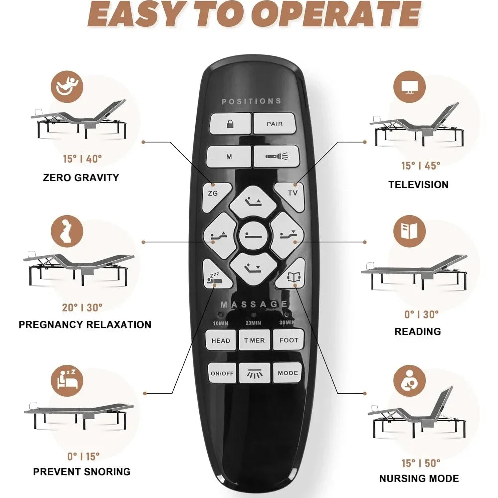 Adjustable Bed Frame, Base with 4 Height Adjustable Leg, with Massage, Electric Beds with Wireless Remote, Lifting Bed Frame