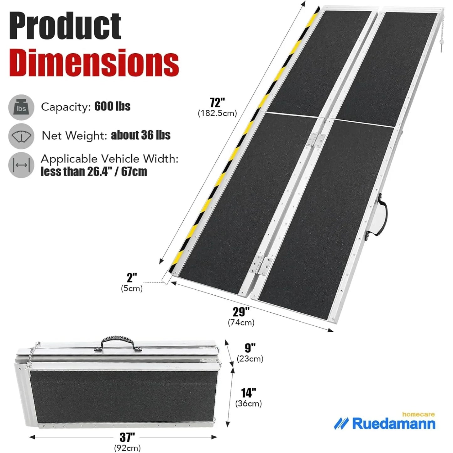 US  6'L × 29" W Wheelchair Ramp, 600Lbs Capacity, Non-Slip Threshold Ramp, Portable Aluminum Folding