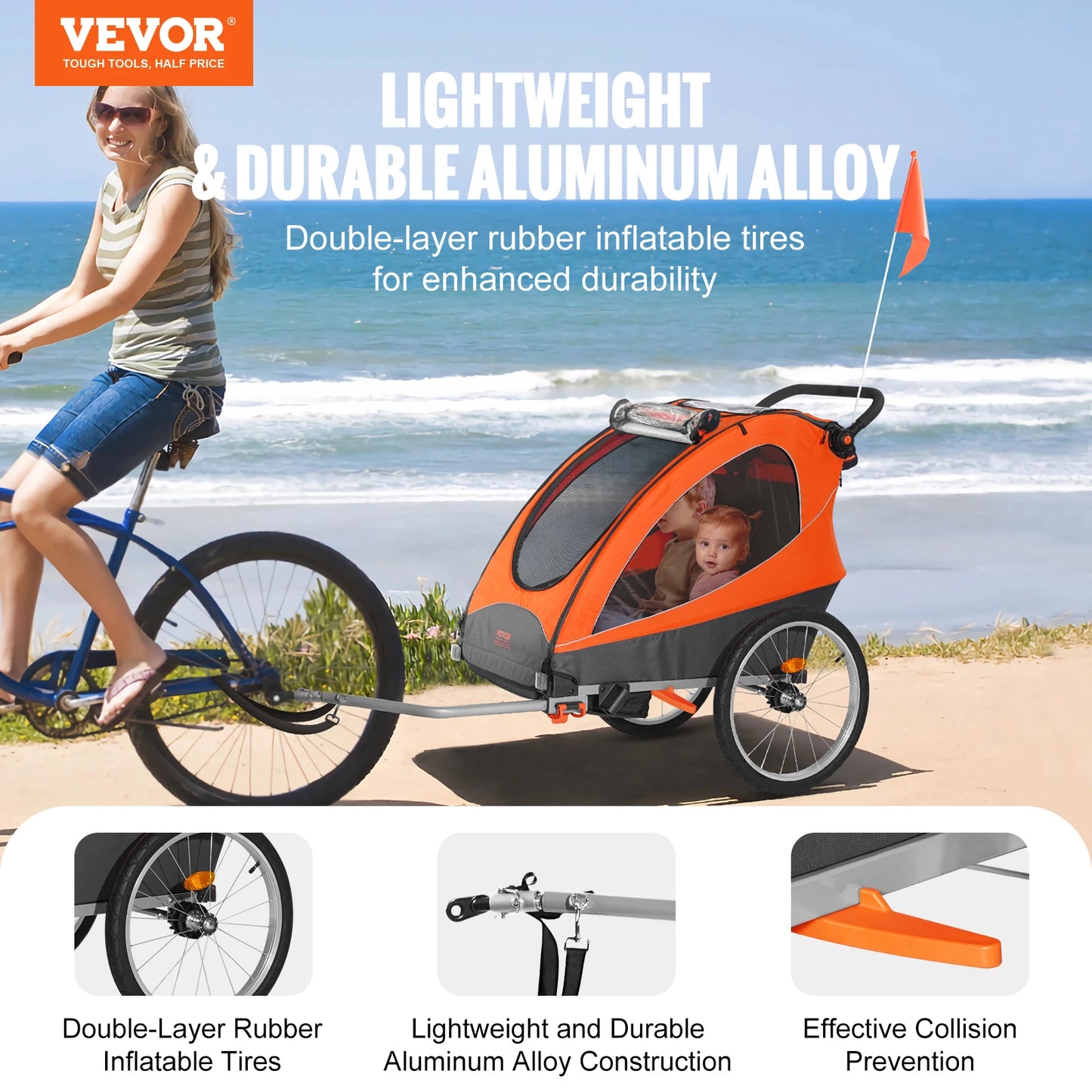 VEVOR 100/110/120 lbs Child Bike Trailer Canopy Carrier Stroller with Coupler Tow Foldable Bicycle Trailer for Toddlers Kids