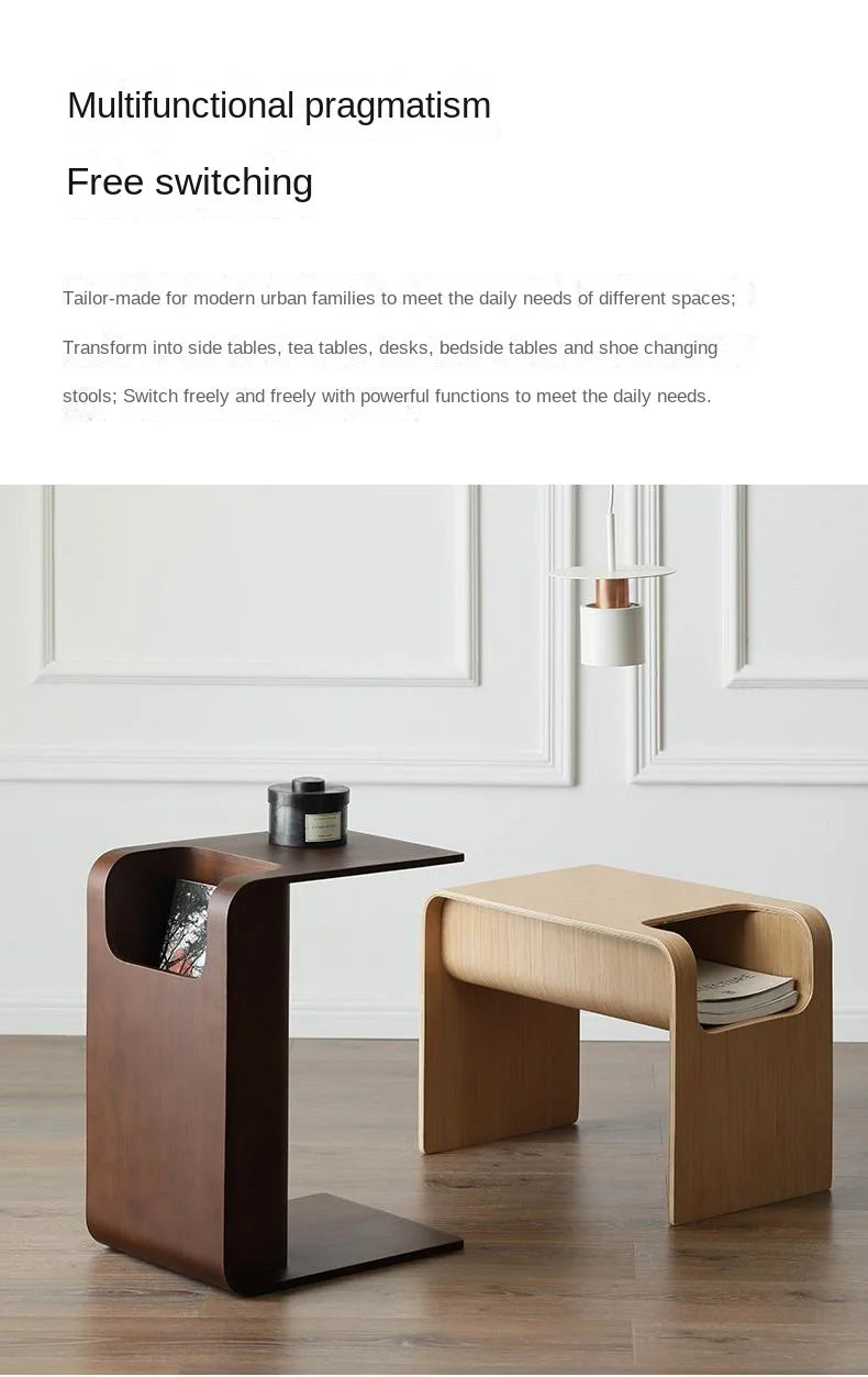 Modern Nordic Solid Wood Sofa Side Table with Magazine Rack Minimalist Ins Designer C-shaped Small Coffee Table for Small Spaces