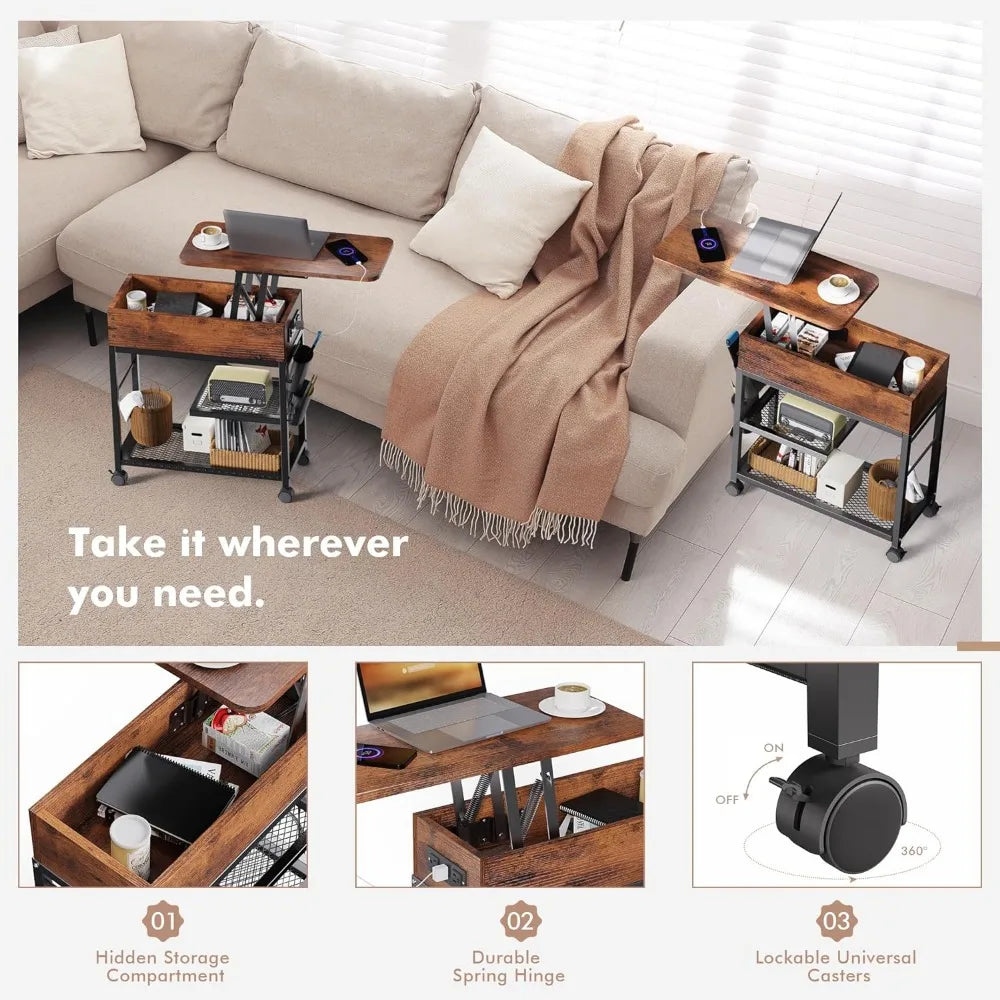 Lift Top End Table with Charging Station and Wheels, Sofa Side Table with USB Port & AC Outlets, Movable Bedside Nightstand