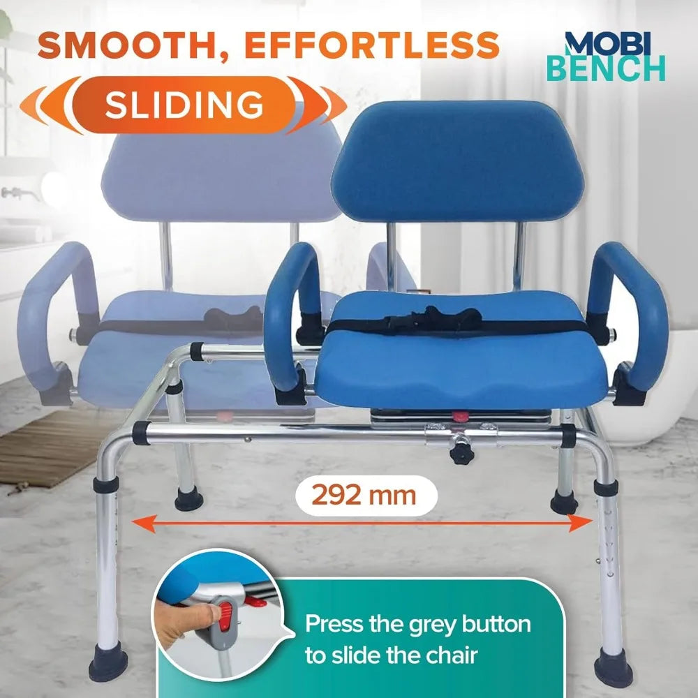 Sliding Rotating Shower/Bath Chair By Mobi Bench – Transfer Swivel Seat,Water Proof Padding with Pivoting Arms,Adjustable Height