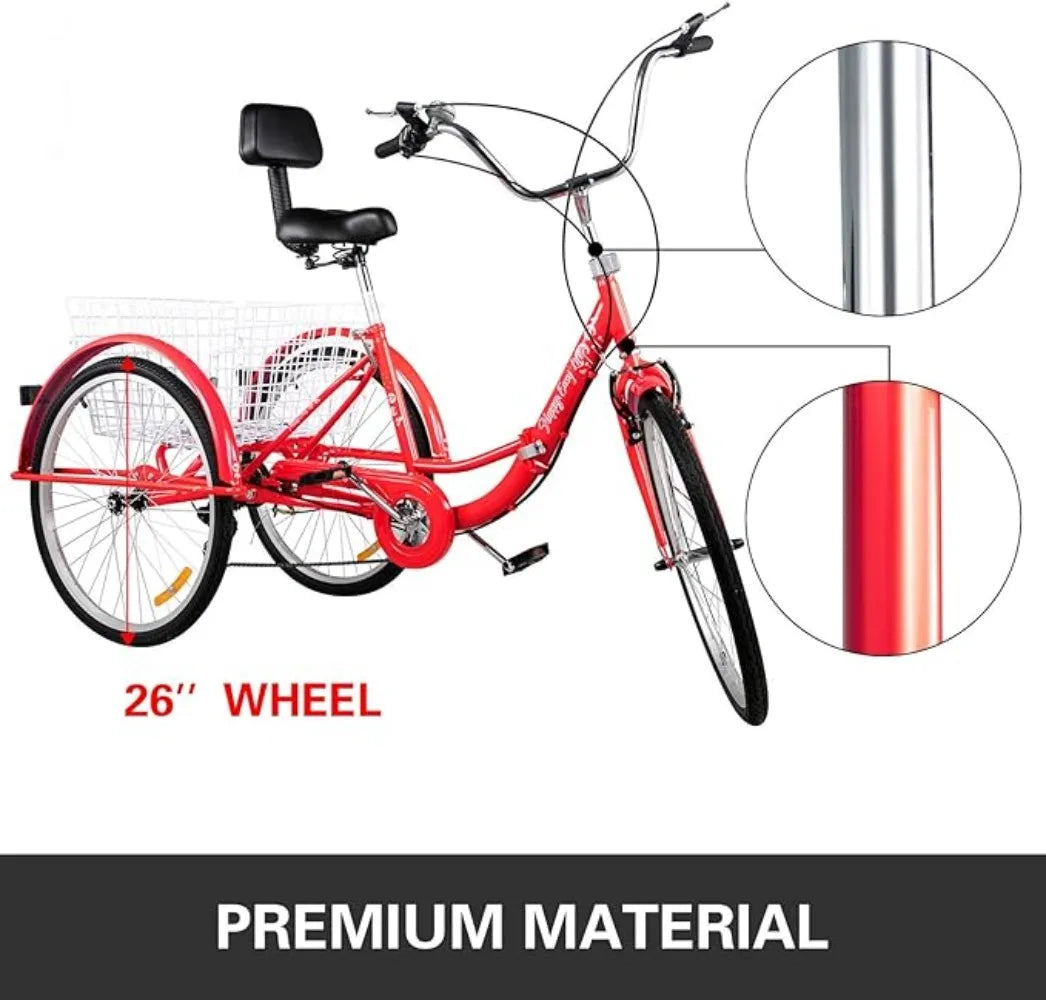 Tricycle Adult 26’’ 3 Wheel Bikes for Adults Three Wheel Bike for Adults Adult Trike Adult Folding Tricycle Foldable