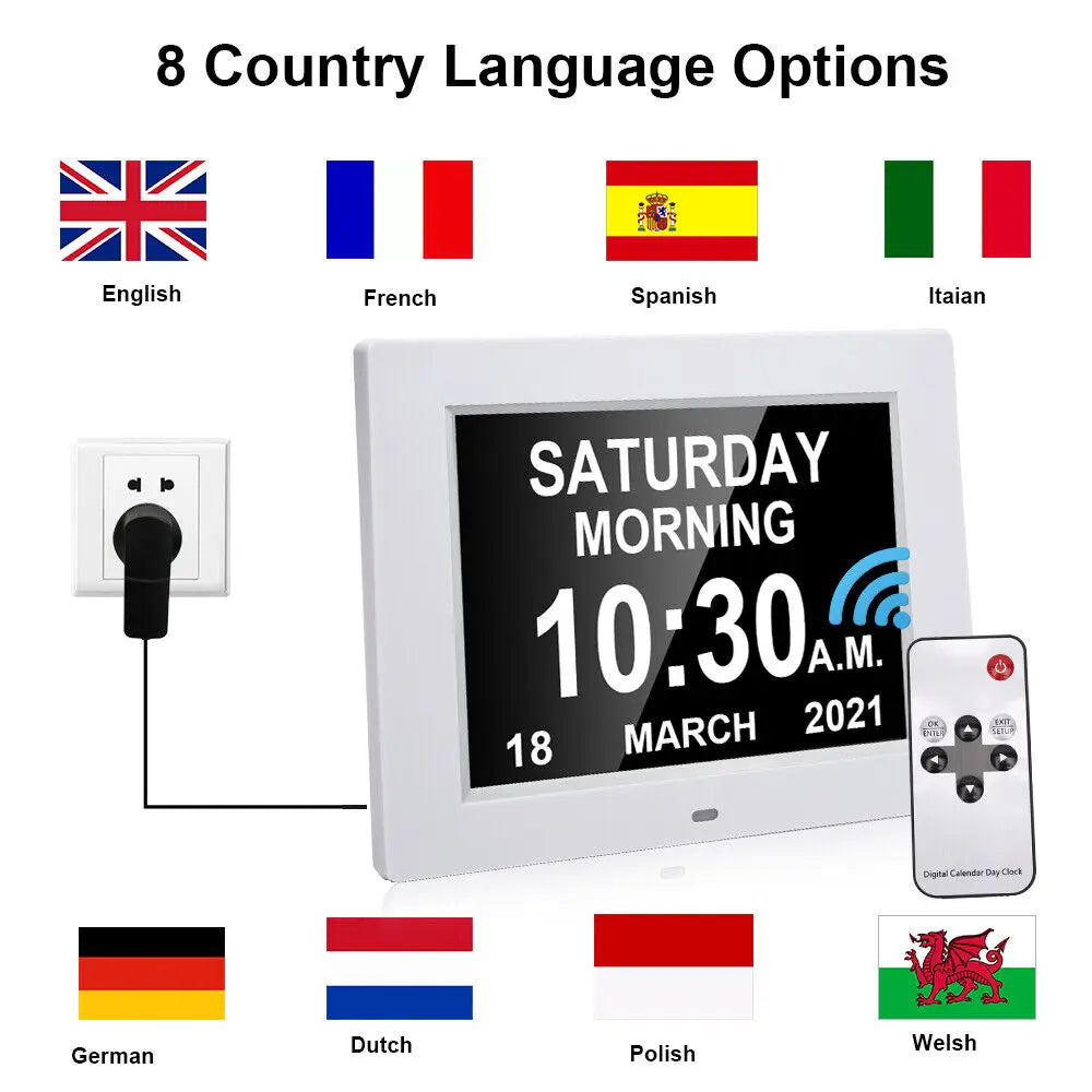 7" 8" Large Screen Digital Clock Calendar Day for Elderly or Impaired Vision Individuals Remote Control AM/PM Function LED Alarm Clock