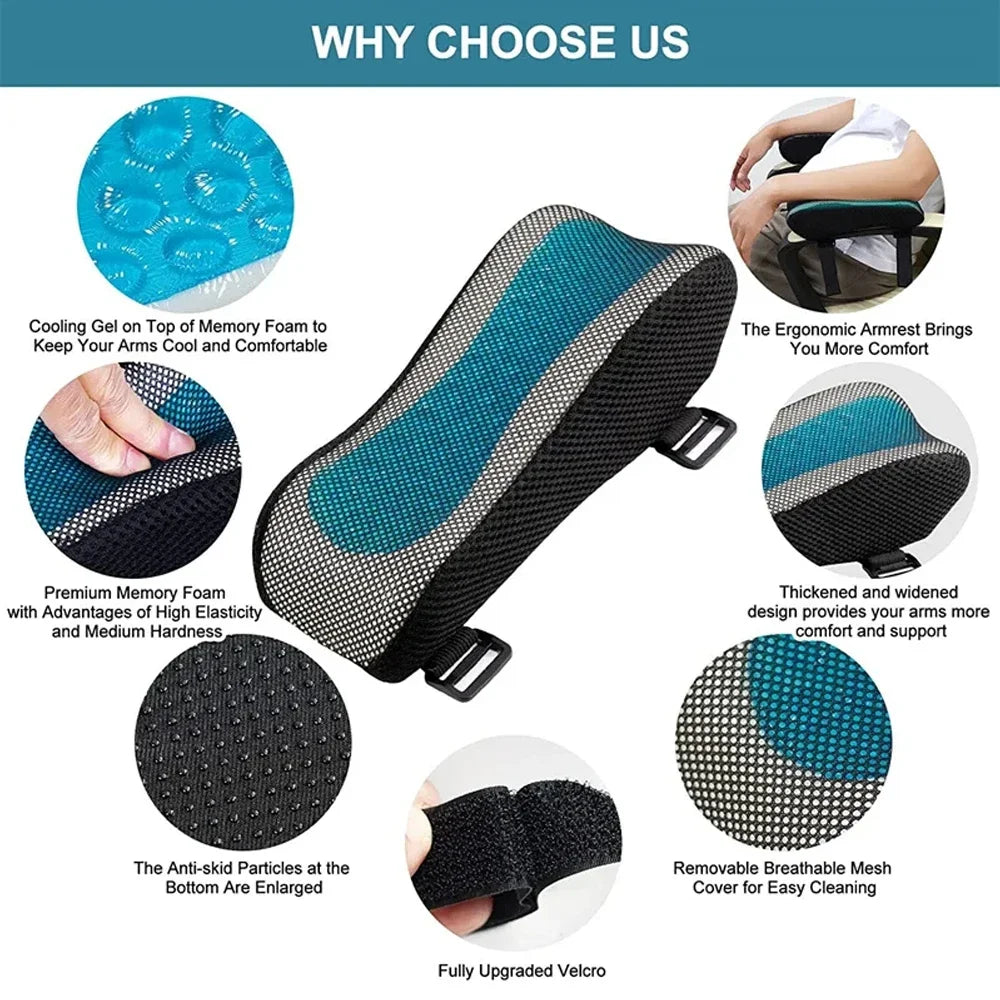 2Pcs Soft Comfortable Memory Gel Armrest Pads Elbow Pillow Resilient Foam Ergonomic Hand Rest for Office Car Game Chair