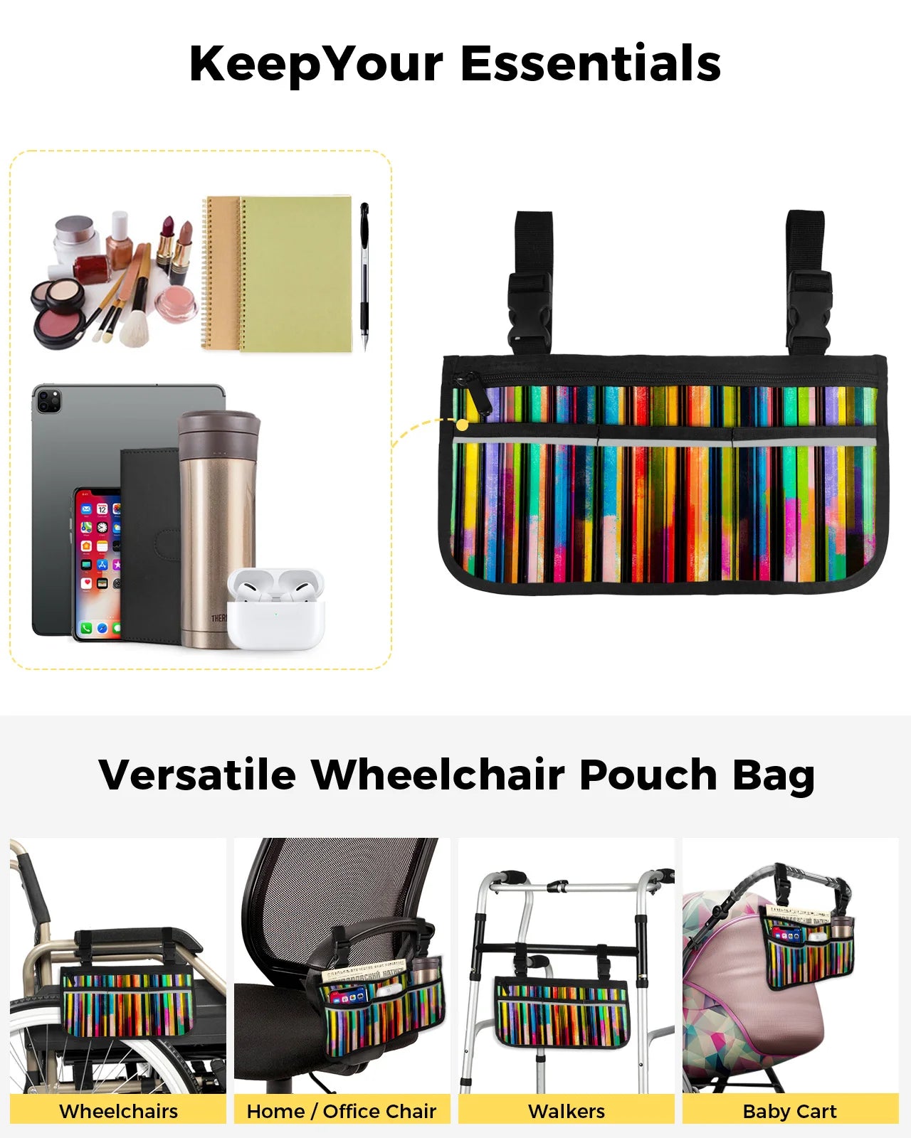 Color Stripes Wheelchair Bag With Pockets & Reflective Strips for Wheelchair, Push Chair, Stroller, Walker, or Scooter.