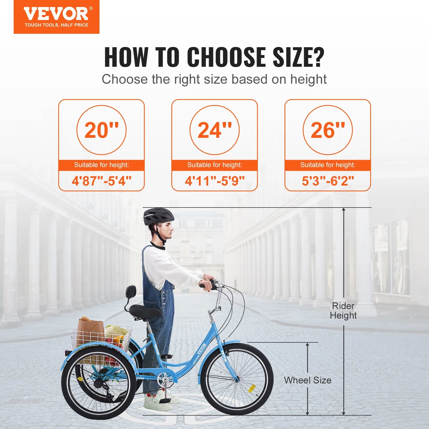 VEVOR 20/24/26 inch Adult Tricycles Bike 7 Speed Adult Trikes 3-Wheeled Bicycles Carbon Steel Cruiser Bike with Adjustable Seat