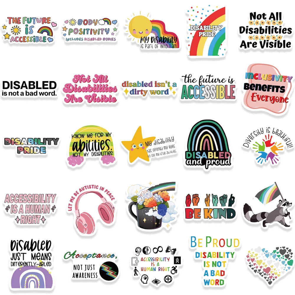 50pcs INS Style Disablity Pride Stickers Art Aesthetic Waterproof Vinyl Decoration Notebook Scarpbook Laptop Icebox Kids Decal