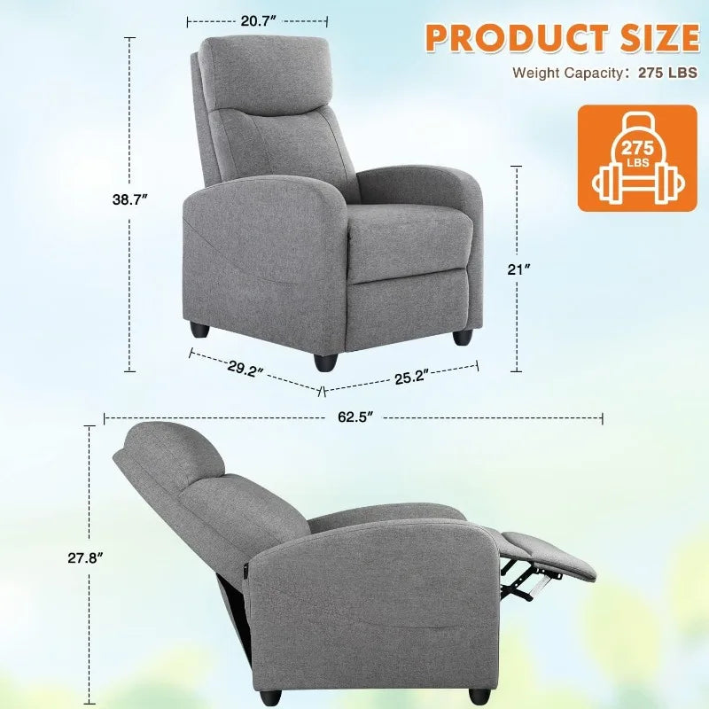 Recliner Chair for Adults, Massage Fabric Small Recliner Home Theater Seating with Lumbar Support, Adjustable Modern Reclining