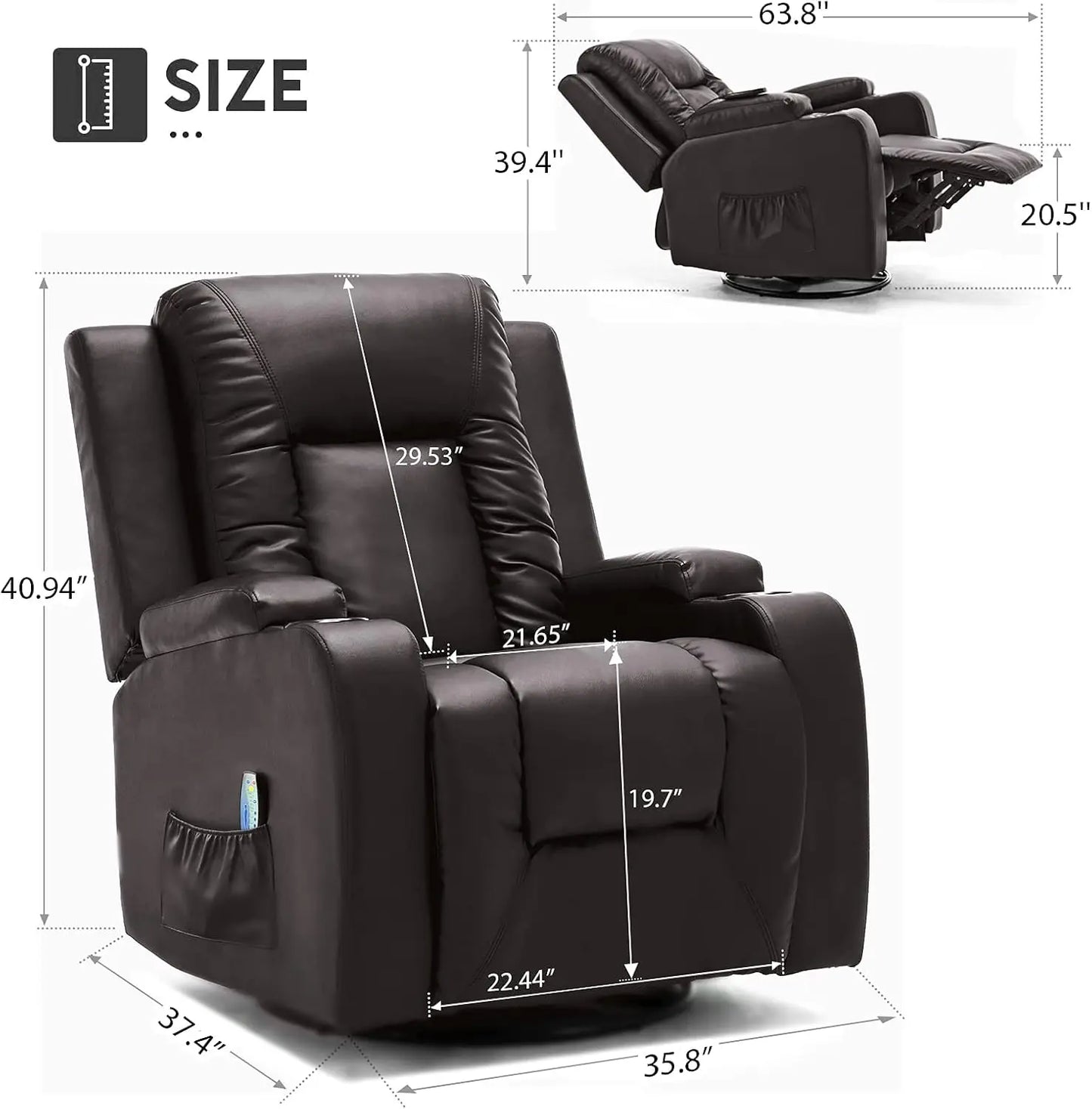 PU Leather Recliner Chair Modern Rocker with Heated Massage Ergonomic Lounge 360 Degree Swivel Single Sofa Seat