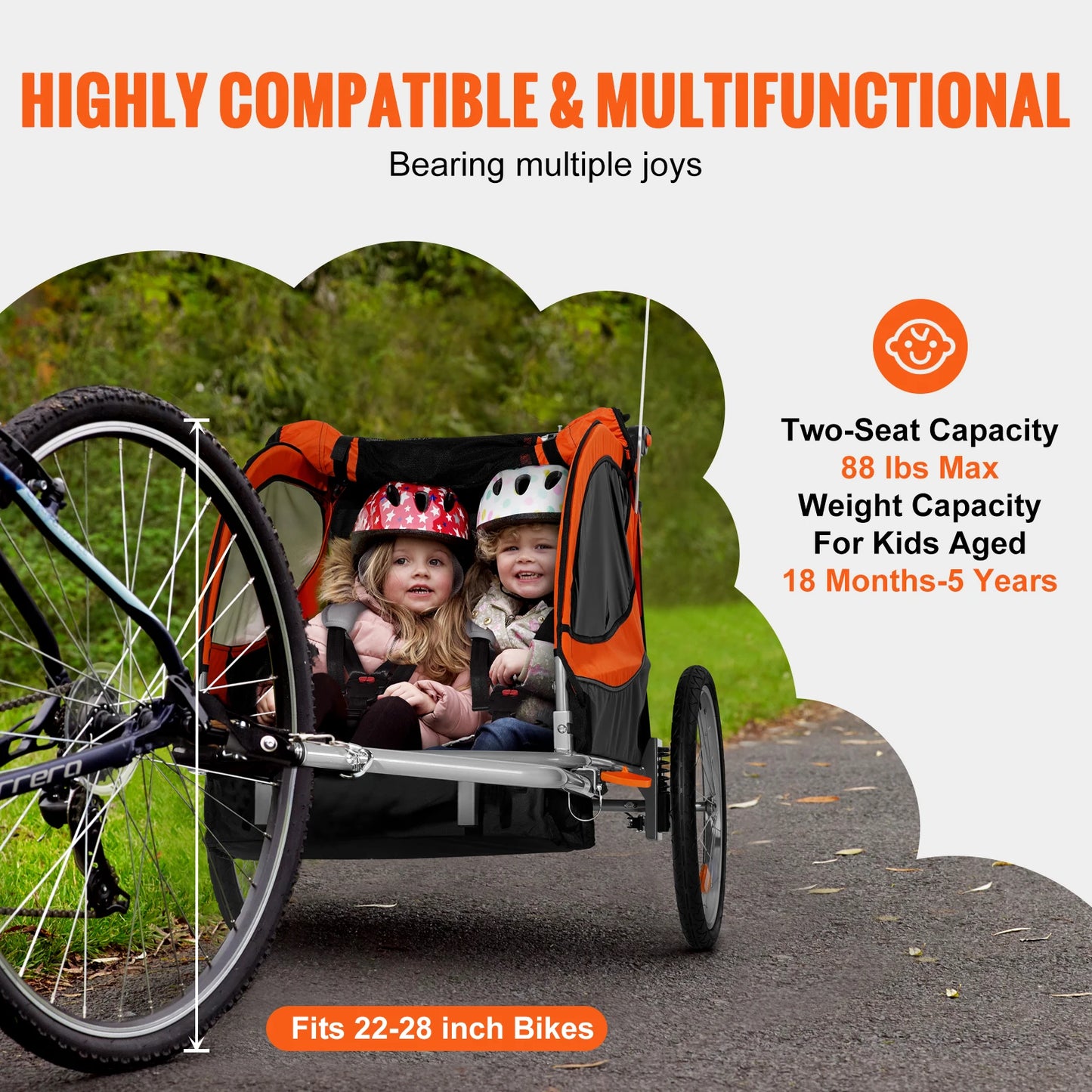 VEVOR 88/100 lbs Child Bike Trailer Double Seat Carrier Converts to Stroller Foldable Children Bicycle Trailer for Toddlers Kids