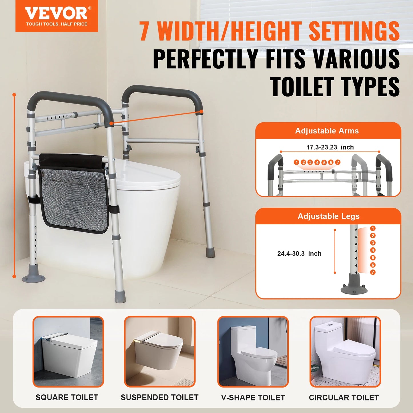 VEVOR Toilet Safety Rail- Folding & Adjustable Width & Height- Fits Most Toilets. Supports up to 300lbs