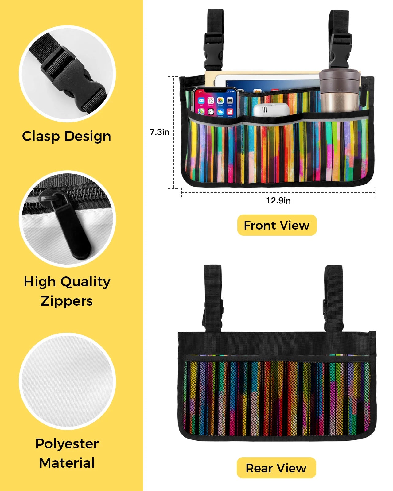 Color Stripes Wheelchair Bag With Pockets & Reflective Strips for Wheelchair, Push Chair, Stroller, Walker, or Scooter.