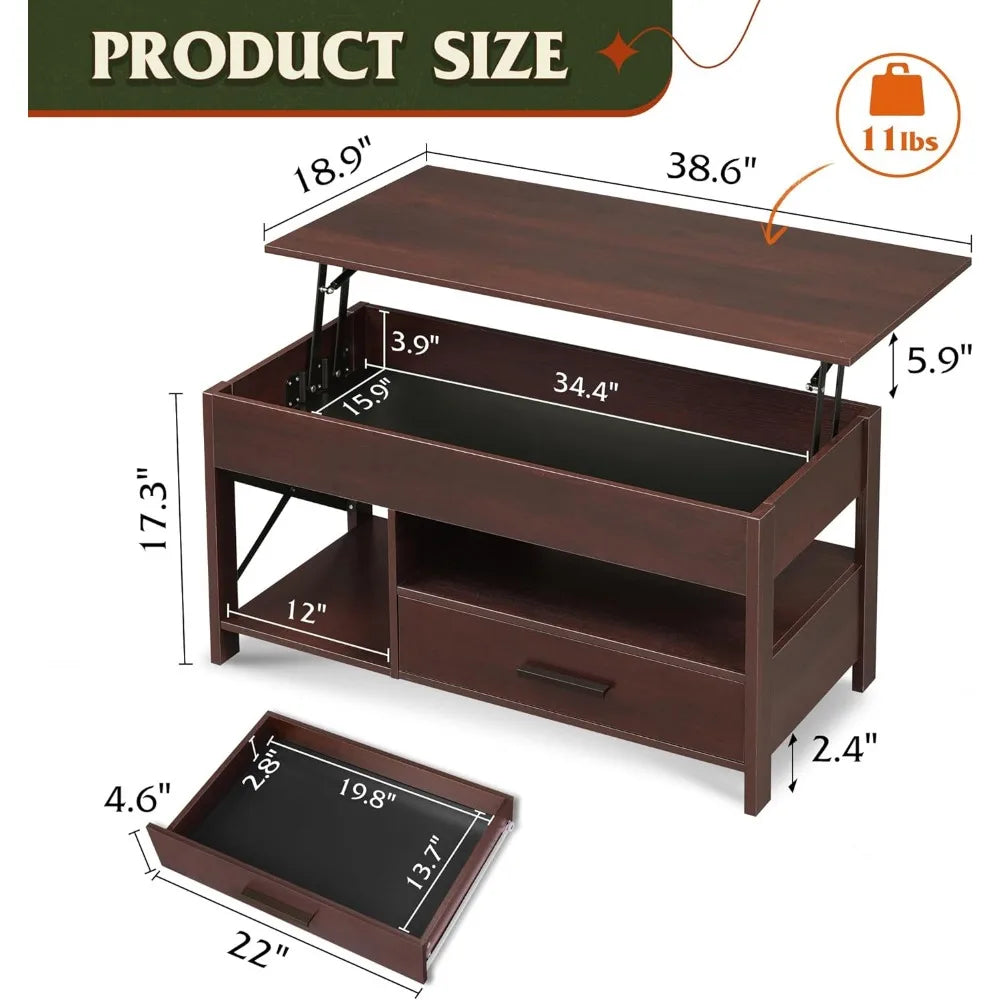 WLIVE Lift Top Coffee Table for Living Room,Coffee Table with Storage,Hidden Compartment and Metal Frame