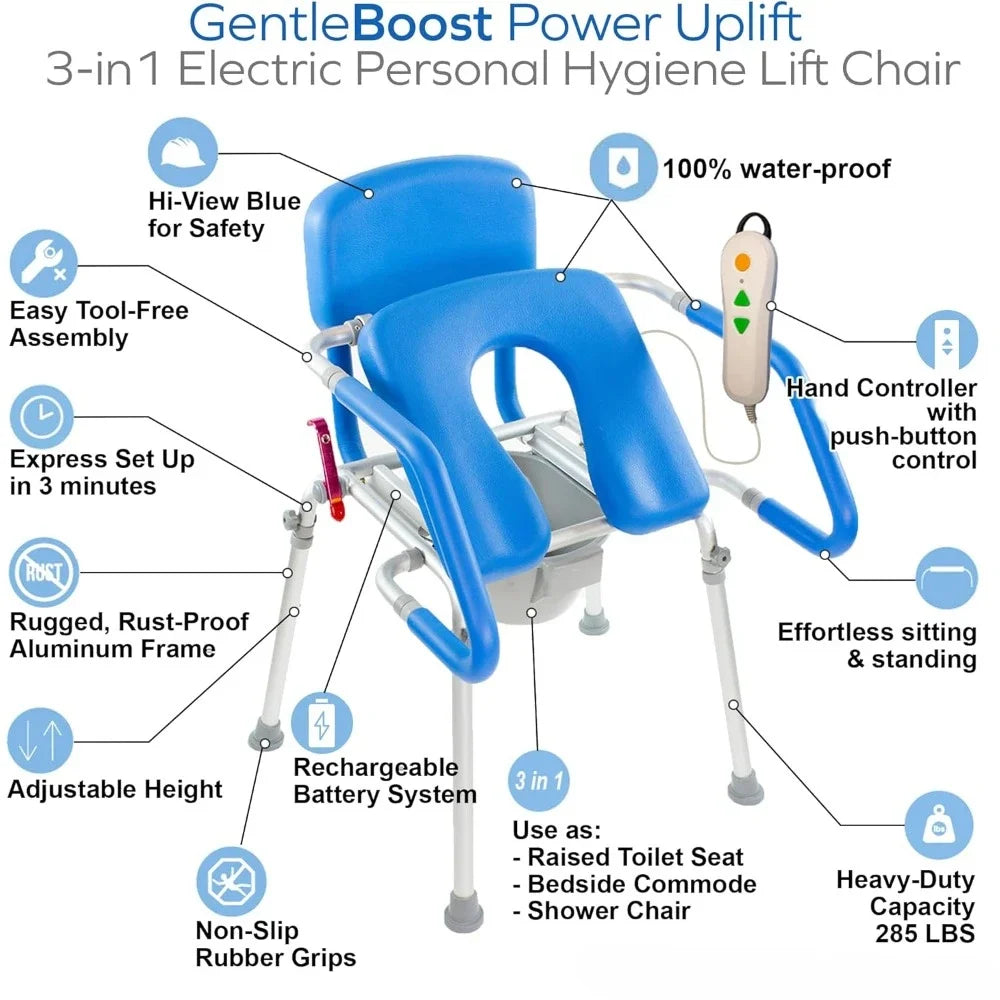 Power Uplift Commode Chair for Toilet & Shower Elderly Assistance Products Assist Bedside Chair with Padded Seat Adjustable