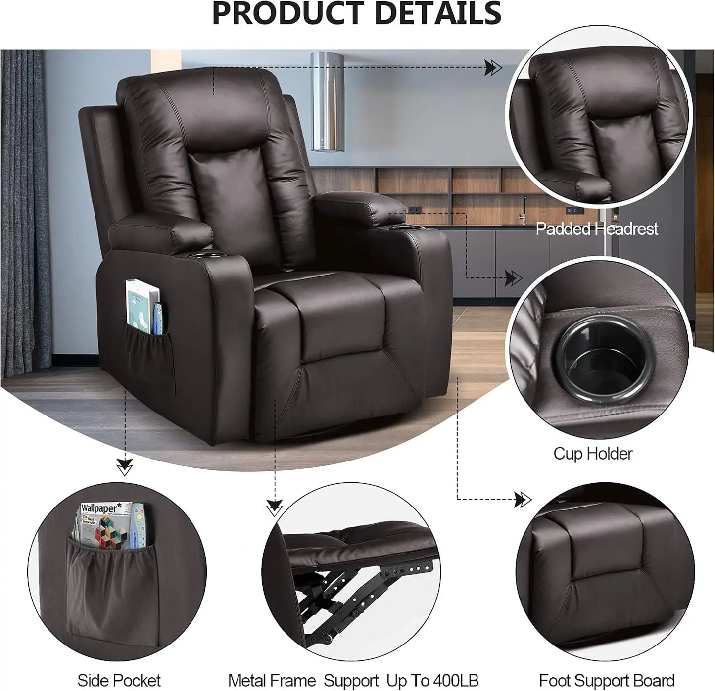 PU Leather Recliner Chair Modern Rocker with Heated Massage Ergonomic Lounge 360 Degree Swivel Single Sofa Seat