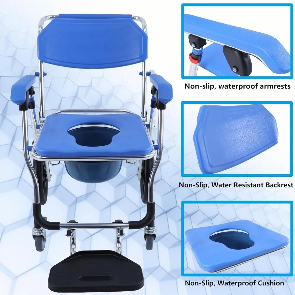 Folding Shower Commode Wheelchair - 300lbs Beside Commode Chair with Padded Seat, Waterproof Rolling Shower Chair with Armrests