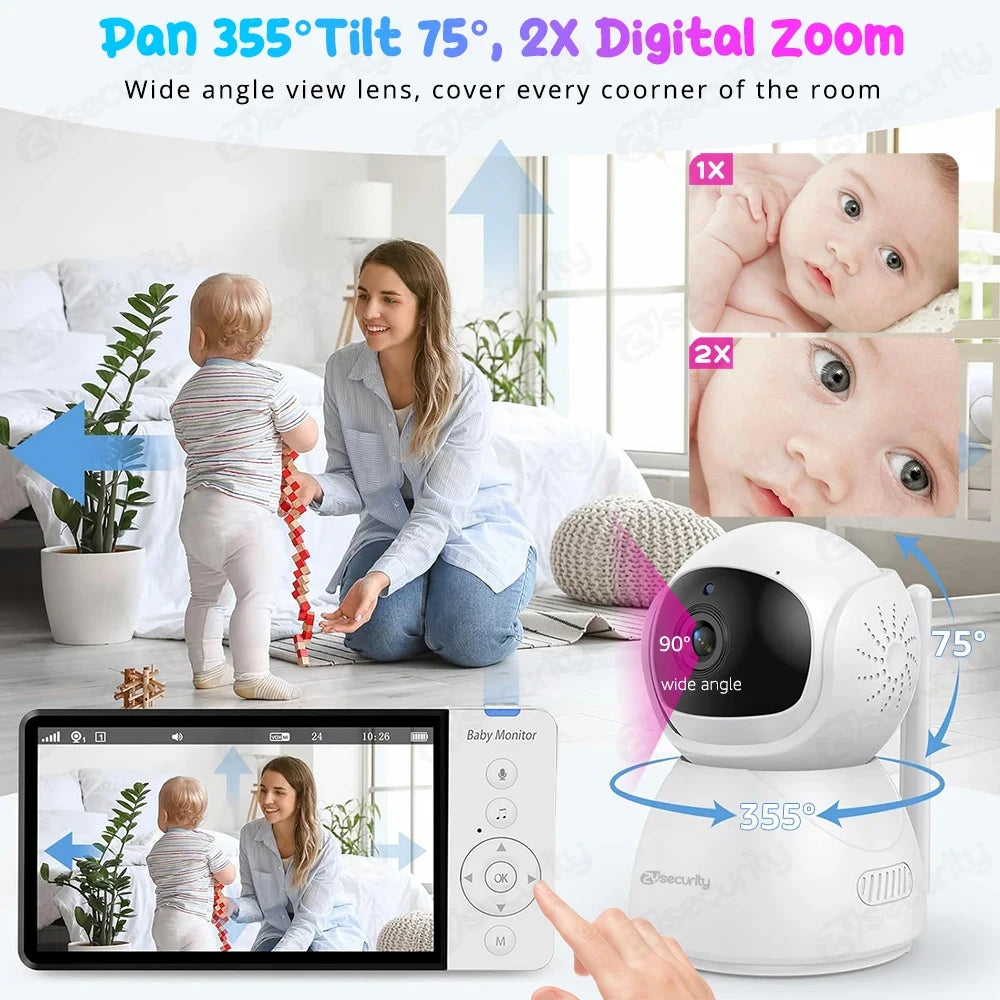 5'' IPS Screen Pan-Tilt-Zoom Camera Video Baby Monitor with 30-Hour Battery 2-Way Talk Night Vision Temperature Lullabies SD Card