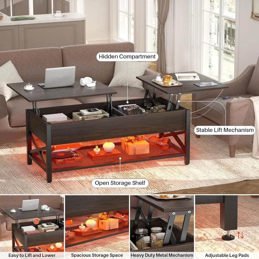 Modern Lift-Top Table With Storage Shelf Coffee Tables Chairs Center Table Espresso X Support Metal Frame,Coffee Tables