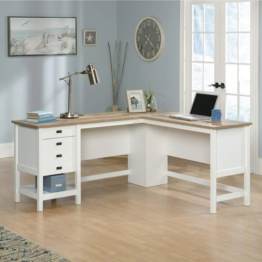 L shape Computer Desk, office Desk with Two drawers, Play Gaming Desk, Soft White Finish, Modern Business Furniture- Meets ADA Recommendations for accessibility dimensions including wheelchairs