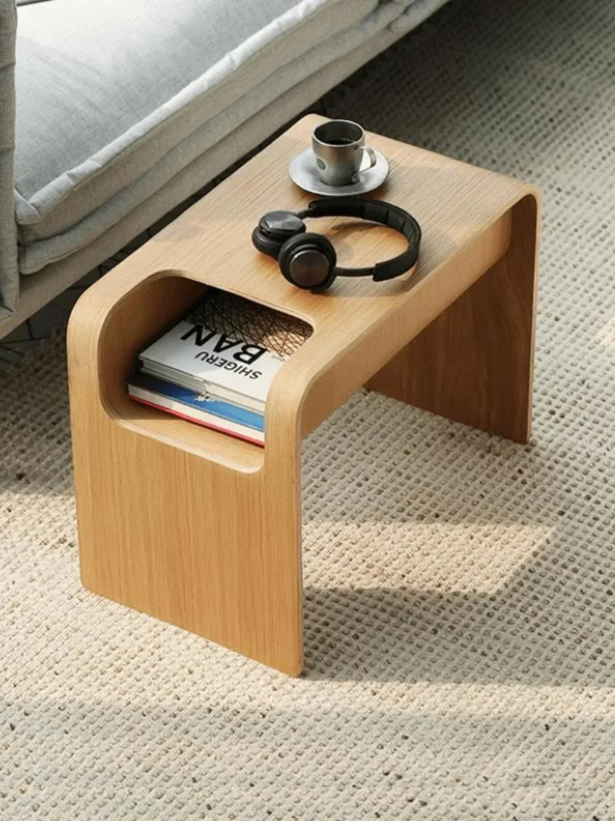 Modern Nordic Solid Wood Sofa Side Table with Magazine Rack Minimalist Ins Designer C-shaped Small Coffee Table for Small Spaces